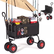 Lumeavetra 3-in-1 Beach Fishing Cart, Heavy-Duty Folding Wagon with All-Terrain Inflatable Tires, Convertible to Chair & Bench with Cushion, Rod Holders and Durable Oxford Bag