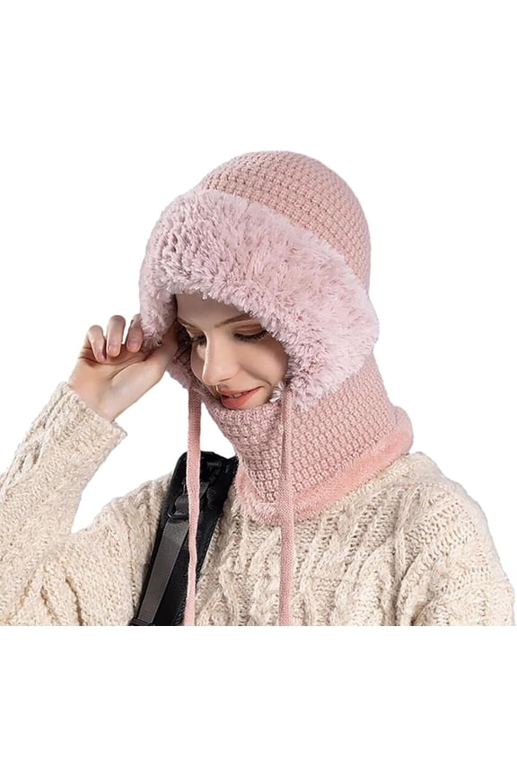 3 in One Warm Knitted Lined Winter Hat with Ear Flaps Neck Face Mask Set Women Ski Snow Pullover Beanie Hat Pullover Beanie Hat