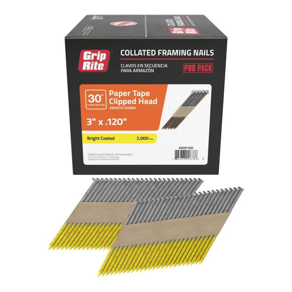 3 in. x 0.120 in. 30 Paper Collated Bright Coated Smooth Shank Clip-Head Framing Nails 2000 per Box