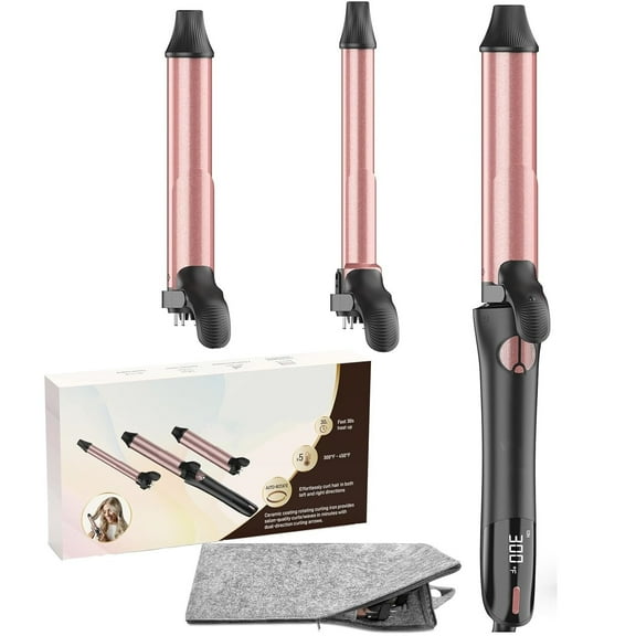 3 in1 Automatic Curling Iron with Interchangeable CurlingWand, 3/4, 1 1/4, 1 Inch CurlingIron for Lasting Beach Waves, Adjustable Temp, Instant Heat, Dual Voltage (Black)
