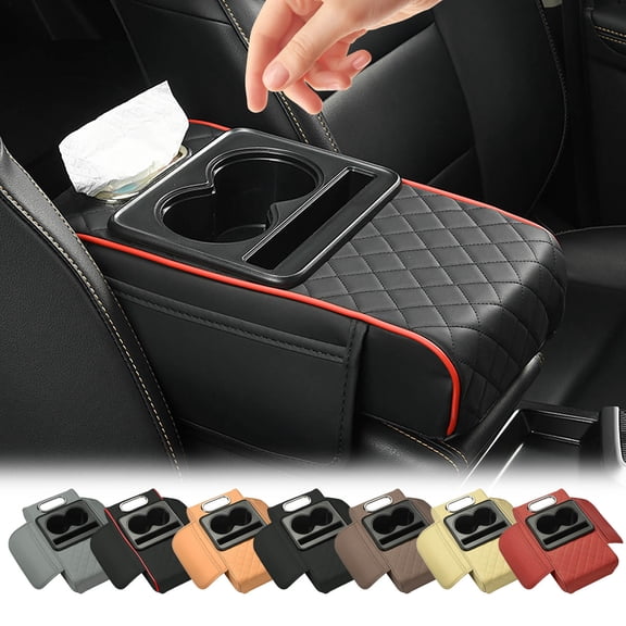 3 in1 Car Armrest Storage Box,Multifunctional PU Leather Car Armrest Box Pad with Cup Holder & Phone Holder & Storage Bag,Comfortable Center Console Cover for Elbow Support