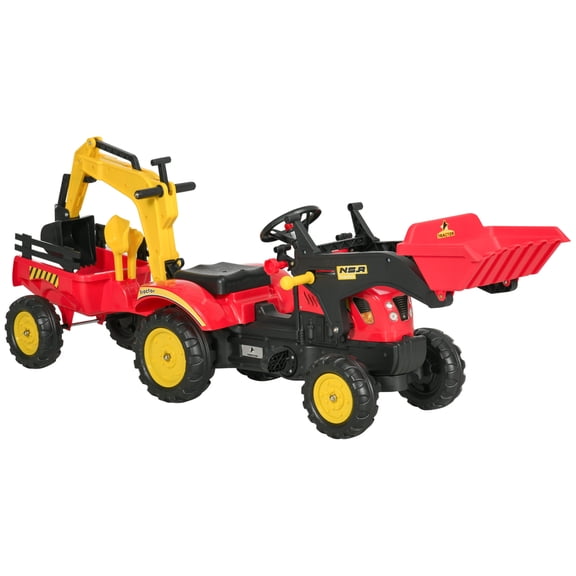 3 in1 Kids Ride On Excavator Bulldozer Pedal Car Digger Toy with 6 Wheels and Detachable Cargo Trailer, Yellow Steel Frame Construction Toy for Sand and Beach Play
