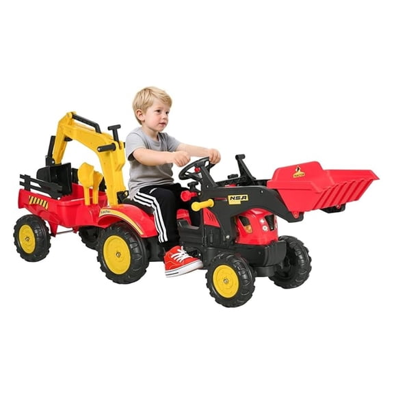 3 in1 Kids Ride On Excavator/Bulldozer, Pedal Car Digger Toy Move Forward/Back with 6 Wheels and Detachable Trailer