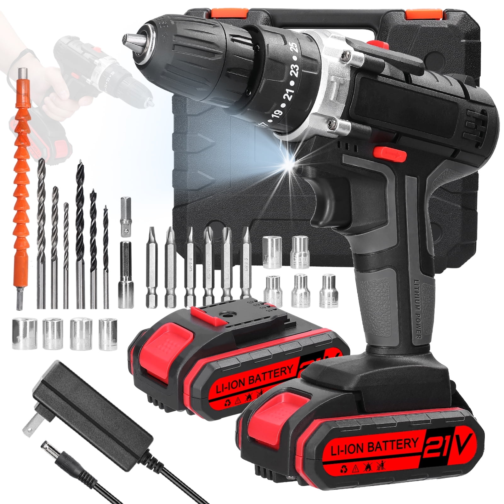 21V Cordless Power Drill Set, Electric Power Drill 24Pcs with 2 Lithium-ion Battery and Charger, 2-Speed Transmission For Screwdriving And Drilling,Black
