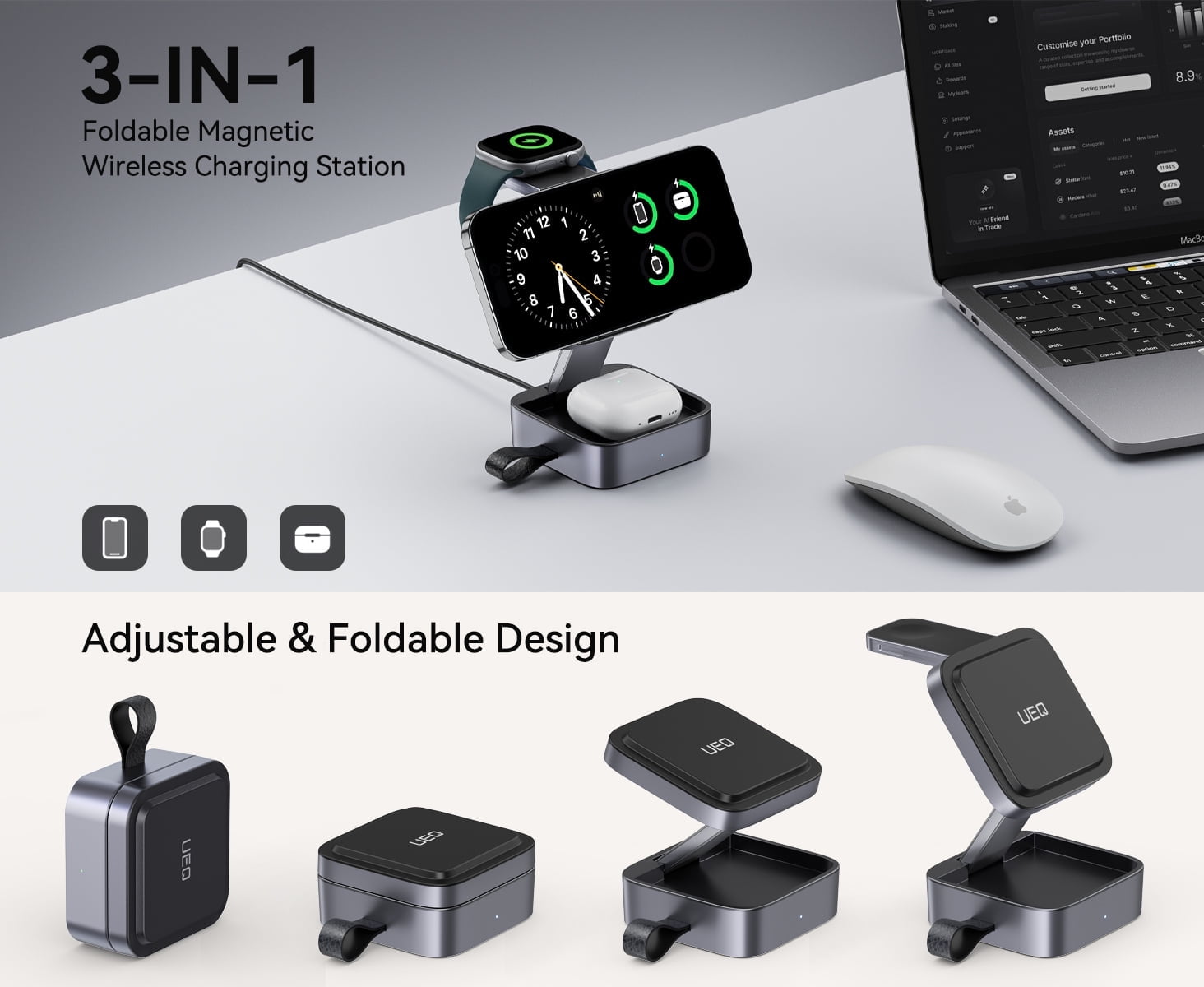 3 in1 Wireless Charging Station for Apple MagSafe Charger, Foldable Magnetic Wireless Charger iPhone 17 Air 16 15 14 13 12 Series, Apple AirPods Pro