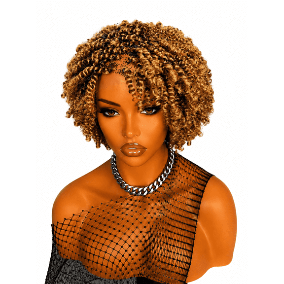 3 inch Short Kinky Twist Gold Braided Wig for Women | 2x6 Closure Wig | Glueless Protective Style | Lightweight Summer Wig