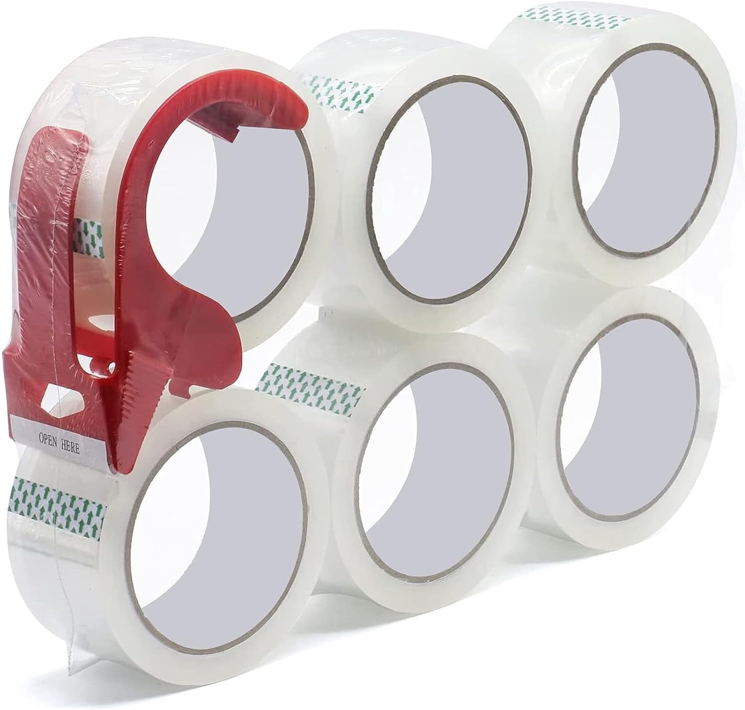 3-inch core, 6-pack 2.4 mil 2-inch 60-yard heavy-duty clear packing tape with dispenser, industrial shipping box clear packing tape, for moving, office, home