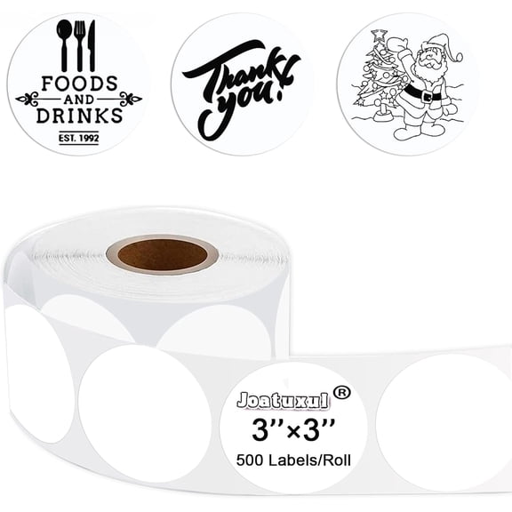 3-inch white round thermal sticker labels, self-adhesive round direct thermal printer labels, design, QR codes, name tags, brand labels, gift tags (white 500 pieces/roll)