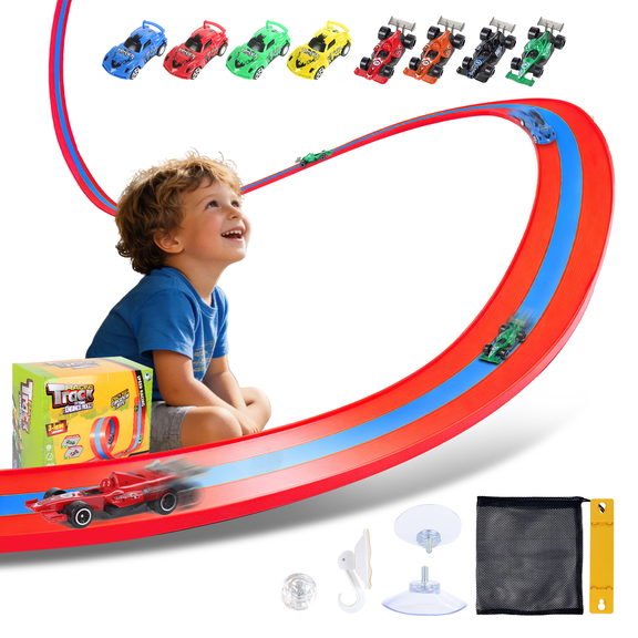 3-lane 16Ft Flexible Race Track for Kids, Race Car Ramp Track Compatible with Racing Car, Rolls up Portable DIY Racetrack with Strong Suction Cups, Birthday Gifts for Boys Girls Ages 3+