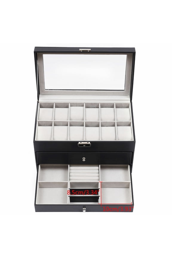 3 layer 26 Slots Watch Display Box&Jewelry Storage Case Multi-Purpose Organizer Box w/ Glass Top