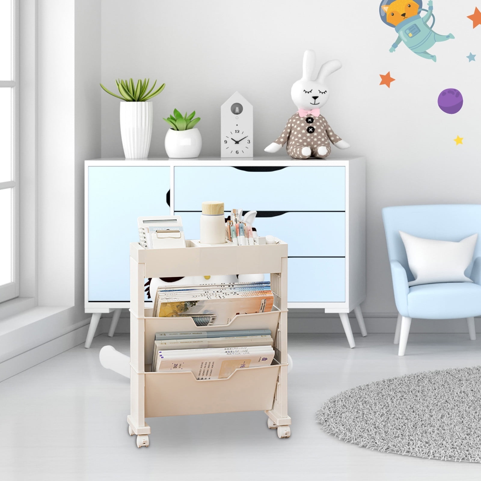 3layer Rolling Utility Car, Mobile Bookshelf, Multifunctional Mobile