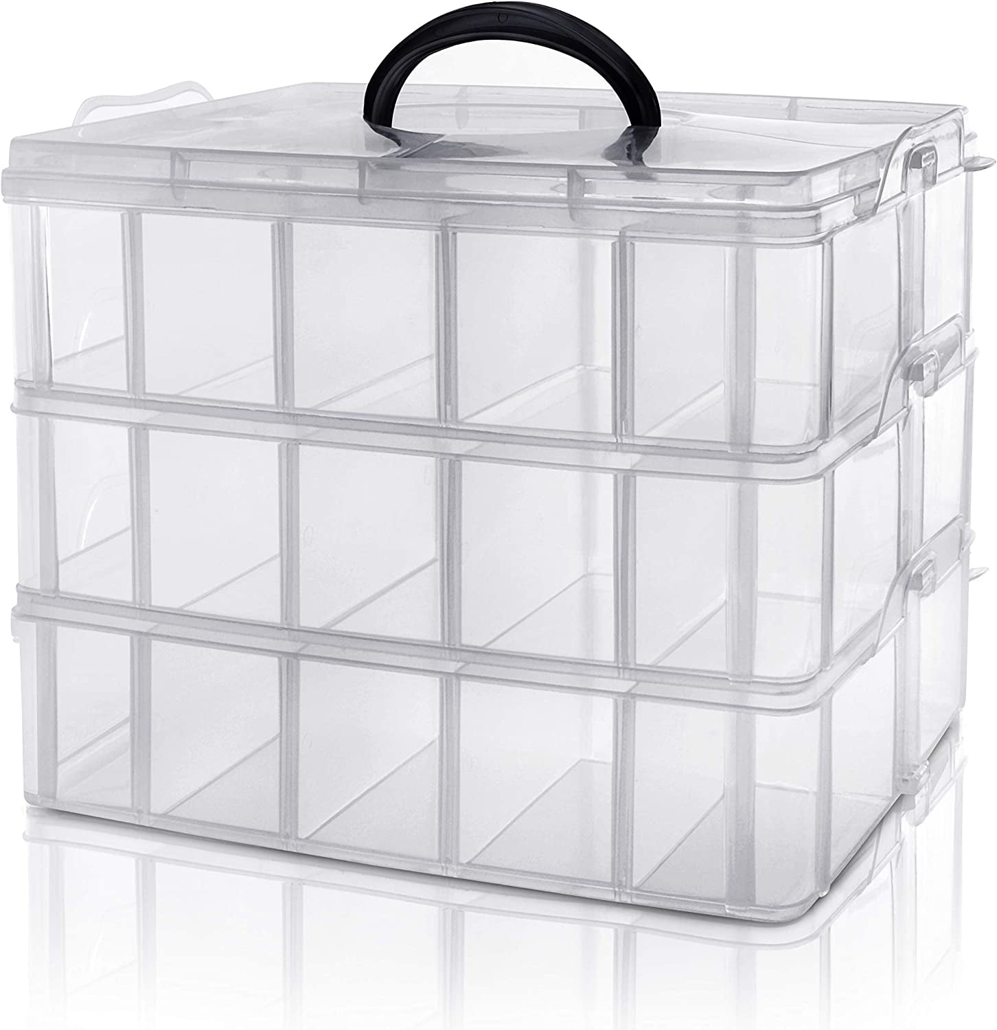 Craft Storage Box with Compartments, 3-Tier 30 Sections Transparent  Stackable Plastic Box Organiser with Handle, Practical Sorting Box for  Crafts, Toy,Jewelry, Sewing Accessories Or Kitchen,Clear 