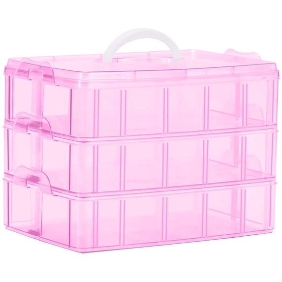 Yayun 3-Tier Stackable Storage Container with 30 AdjustableCompartments,Plastic Organizer Box with Handle for Organizing Arts and Crafts,Toy,Jewelry,Hair Accessories,Pink