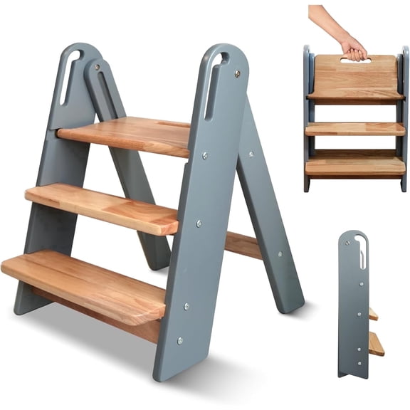 3 Layer Wooden Toddler Step Stool for Bathroom Sink, Foldable Kids Toilet Potty Training Stool with Handles, Child Kitchen Counter Tower Helper,Grey