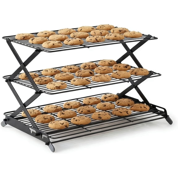 3-layer cooling rack, foldable height-adjustable wire grill, with stable X-leg design, space-saving cooling rack, used for cooking and baking biscuits, cakes and pastries, 17.1 "x 9.8", black