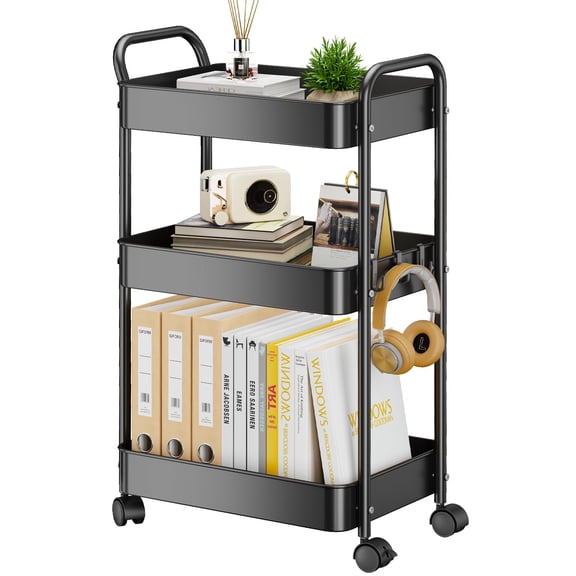 3-layer metal rolling cart, solid storage practical cart with wheels, multifunctional arts and crafts organizer for bedroom, laundry room, garage, office, nursery, bathroom, easy to assemble (black)