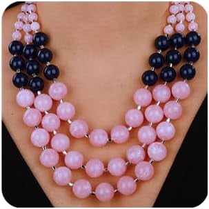 3-layered Crystal Beads Cluster Necklace with Earrings 20s Flapper Necklace Accessories Fashion Costume Accessories for Women (Pink)