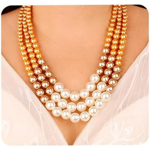 3-layered Faux Pearl Necklace Chunky Pearl Beads Cluster Statement Necklace 1920s Prom Party Jewelry for Women (Orange)