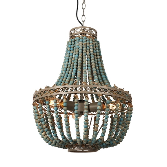 3-light Boho Turquoise Wood Bead Pendant Light, Large Vintage Chandelier, Adjustable Height, 17.32" Diameter (No Bulbs)