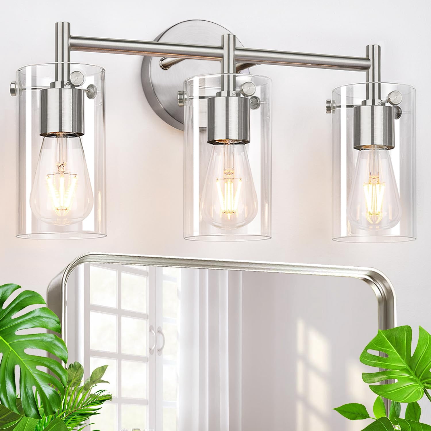 3-light Brushed Nickel Bathroom Vanity Light Fixtures  Clear Glass Shade Wall Sconces For Mirror Bedroom Living Room Hallway