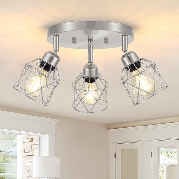 3-light Brushed Nickel Semi Flush Mount Ceiling Light Adjustable Kitchen Fixtures E26 Base Multi-directional Spot Lights For Hallway Farmhouse Foyer