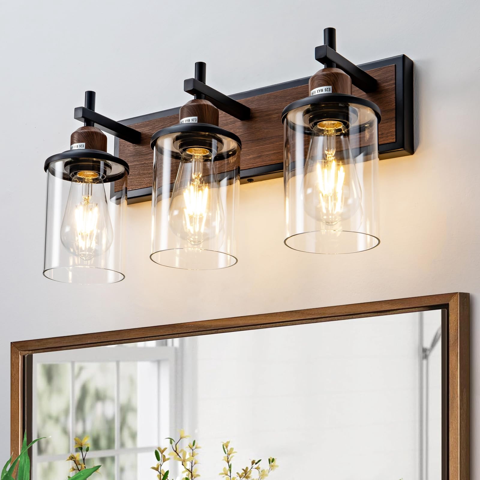 3-light Farmhouse Bathroom Light Fixtures Vintage Vanity Lights Over Mirror Black And Wood Painted Metal With Glass Shades E26 Socket
