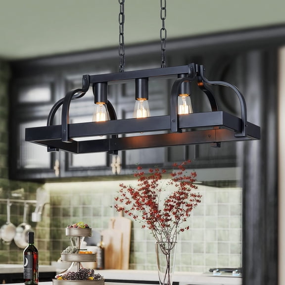 3-light Metal Pot Hanging Rack Chandelier Linear Pendant Ceiling Lighting Rustic Farmhouse Fixture Kitchen Island Dining Room H 9.8" L 24.8" W11.8 E26 Base Black