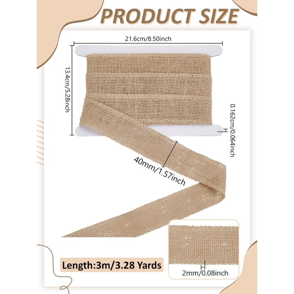 3 m 1-5/8 inch(40mm) Linen Rolls Jute Ribbons Burlap Ribbons for Crafts Party Home Ornaments Wedding Gift DIY Decoration Wrapping Bow Making Wreath Decor