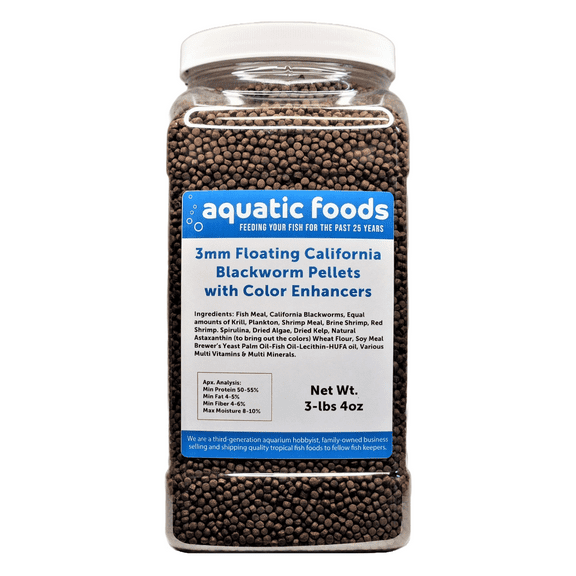 3 mm Floating Blackworm Pellets with Color Enhancers & Vitamins. Great for All Tropical Fish, Marine Fish, Cichlids, Carnivores, Discus, Coldwater Fish, Koi & Pond Fish3-lb 4oz Lg Jar