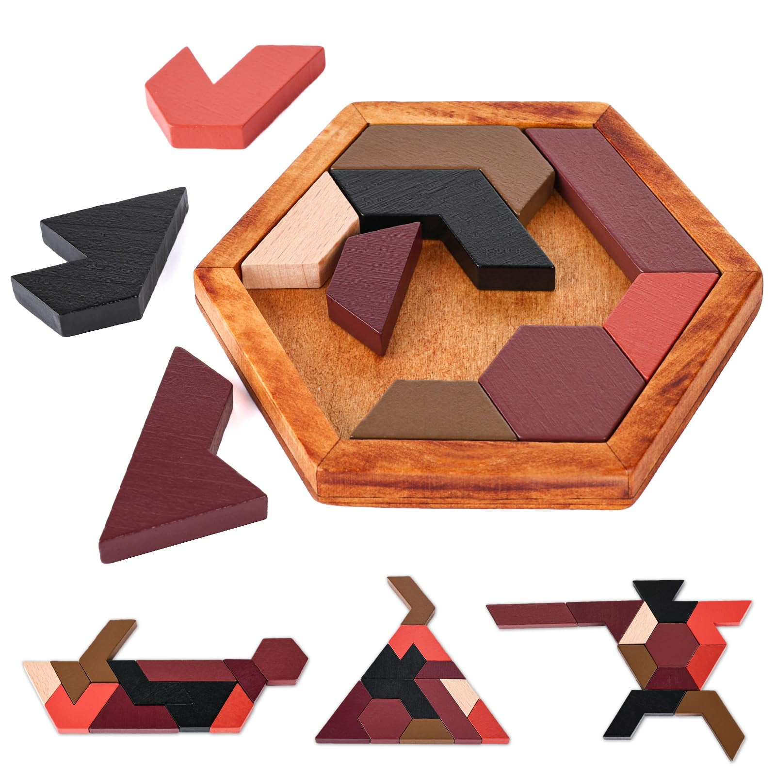 Wooden Tangram Puzzle Set - 5 Pack Brain Teaser Games, Hexagon & Russian Blocks, IQ Logic Game For Kids & Adults