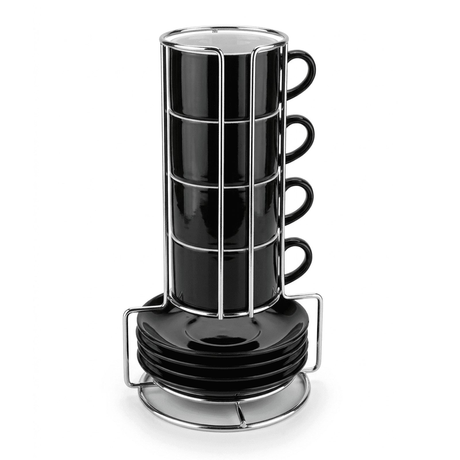 3 oz Espresso Cups for Coffee Lovers, Stackable Ceramic Demitasse Cups with Saucers and Metal Rack for Espresso, Cortado & Macchiato, Black, Set of 4