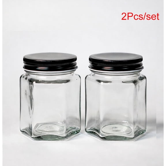 3 oz Hexagonal Shape Glass Jars with Black Metal Airtight Lid, Set of 2