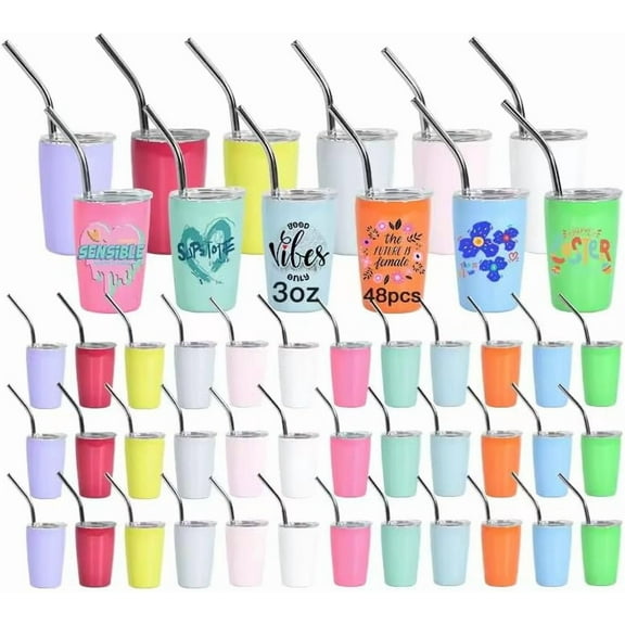 3 oz Mini Tumbler Shot Glass with Straw and Lid, Stainless Steel Sublimation Tumblers Double Wall Vacuum Insulated Shot Cups for Wedding Party Whiskey Cocktail,48 Pack