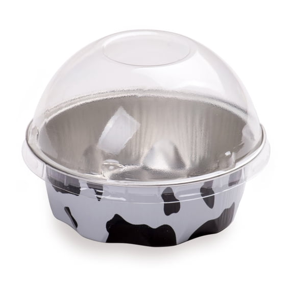 Pastry Tek 3 oz Round Cow Lines Aluminum Baking Cup - with Plastic Dome Lid - 3 1/4" x 3 1/4" x 1" - 100 count box