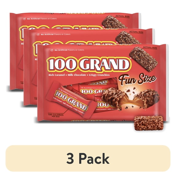 (3 pack) 100 Grand Candy Bar, Milk Chocolate with Rich Caramel, Fun Size Individually Wrapped Candy Bars, 10 oz Bag