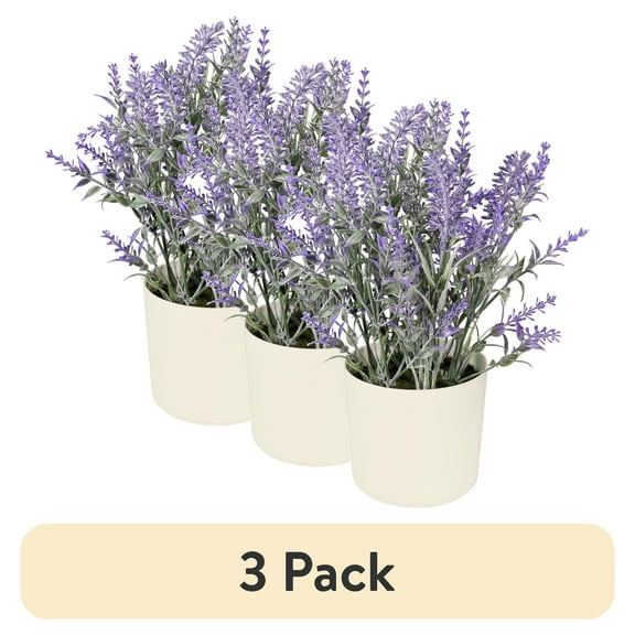 (3 pack) 11-inch x 4-inch Artificial Lavender Plant in White Pot, Purple, for Indoor Use, by Mainstays