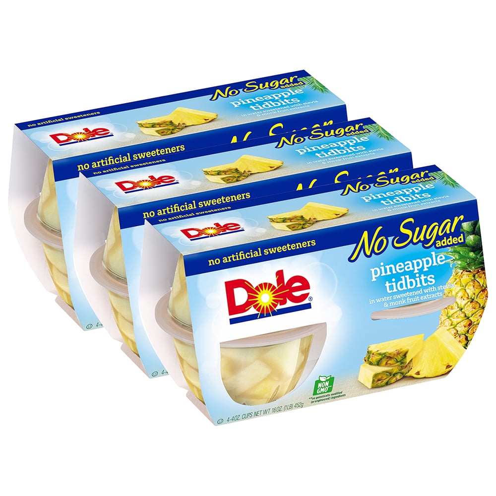 (3 pack) (12 Cups) Dole No Sugar Added Pineapple Tidbits in 100 Juice