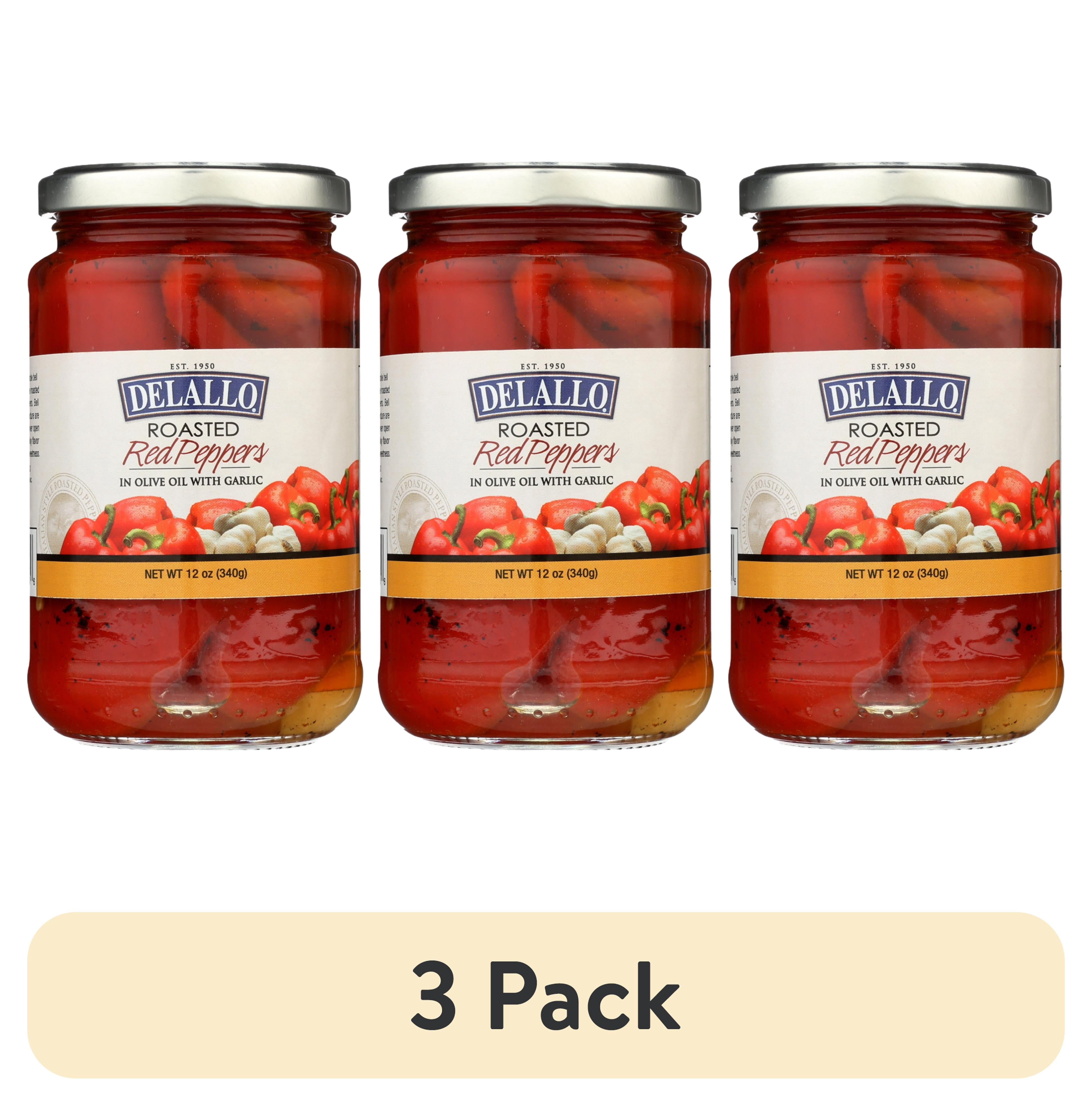 (3 pack) (12 Pack) Delallo Roasted Red Peppers with Garlic & Olive Oil, 12 oz