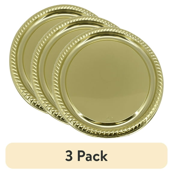 (3 pack) 16-in Plastic Round Gold Serving Platter, Party Tableware, Way to Celebrate