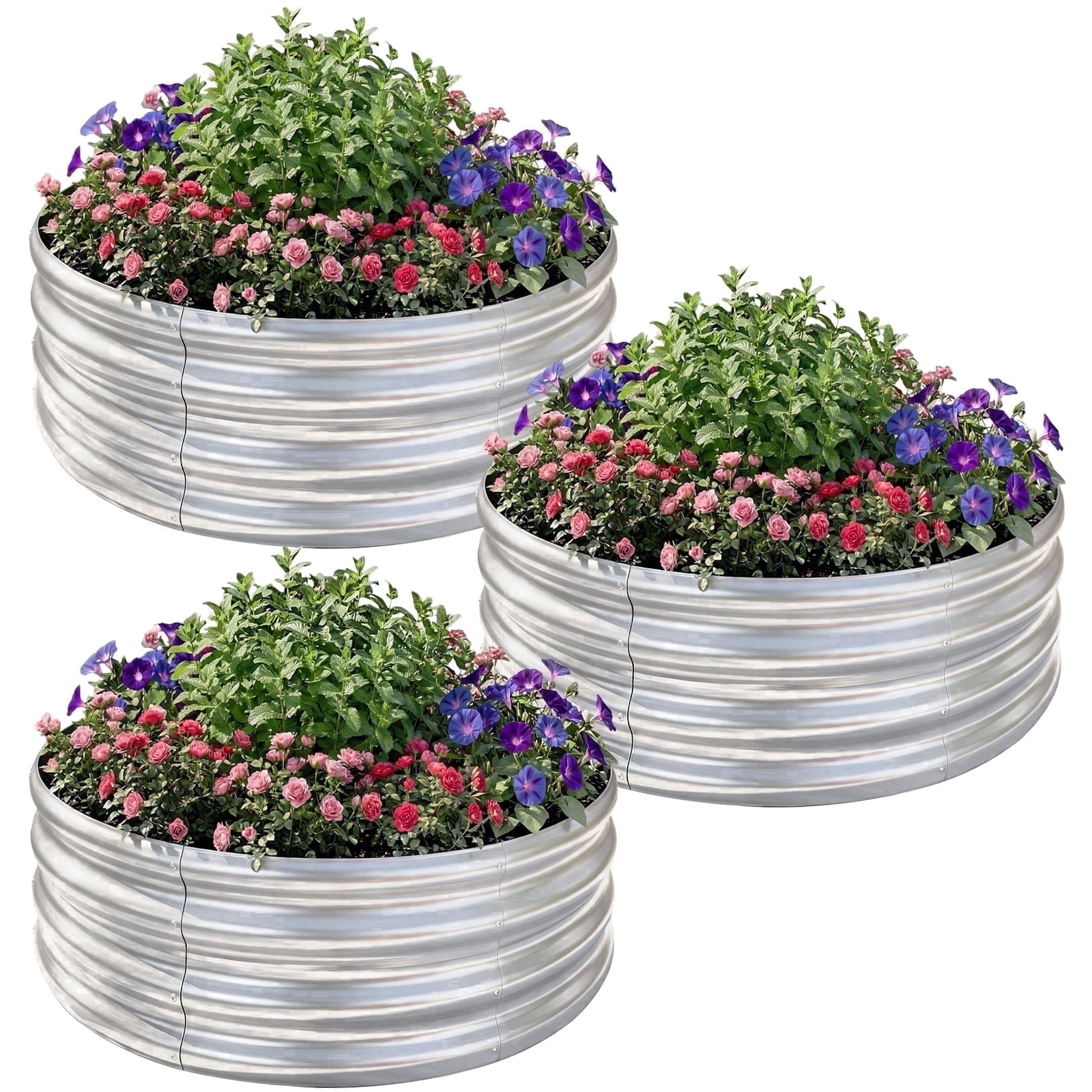 Land Guard 3 Pack 2x2x1ft Raised Round Garden Beds Outdoor, Easy Assembly Durable 1ft Tall Galvanized Metal Planter Box silvery