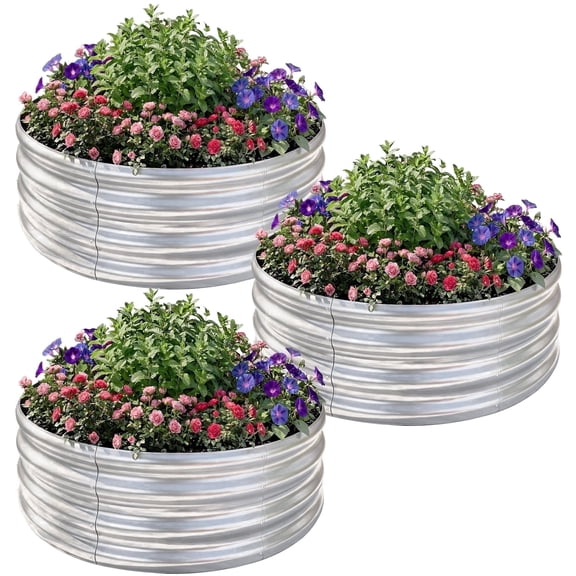 Land Guard 3 Pack 2x2x1ft Raised Round Garden Beds Outdoor, Easy Assembly Durable 1ft Tall Galvanized Metal Planter Box silvery