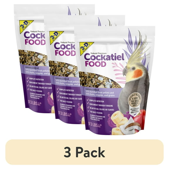 (3 pack) 3-D Pet Products Natural Premium Cockatiel Bird Food, with 50% Fortified Pellets, 3 lbs, Dry