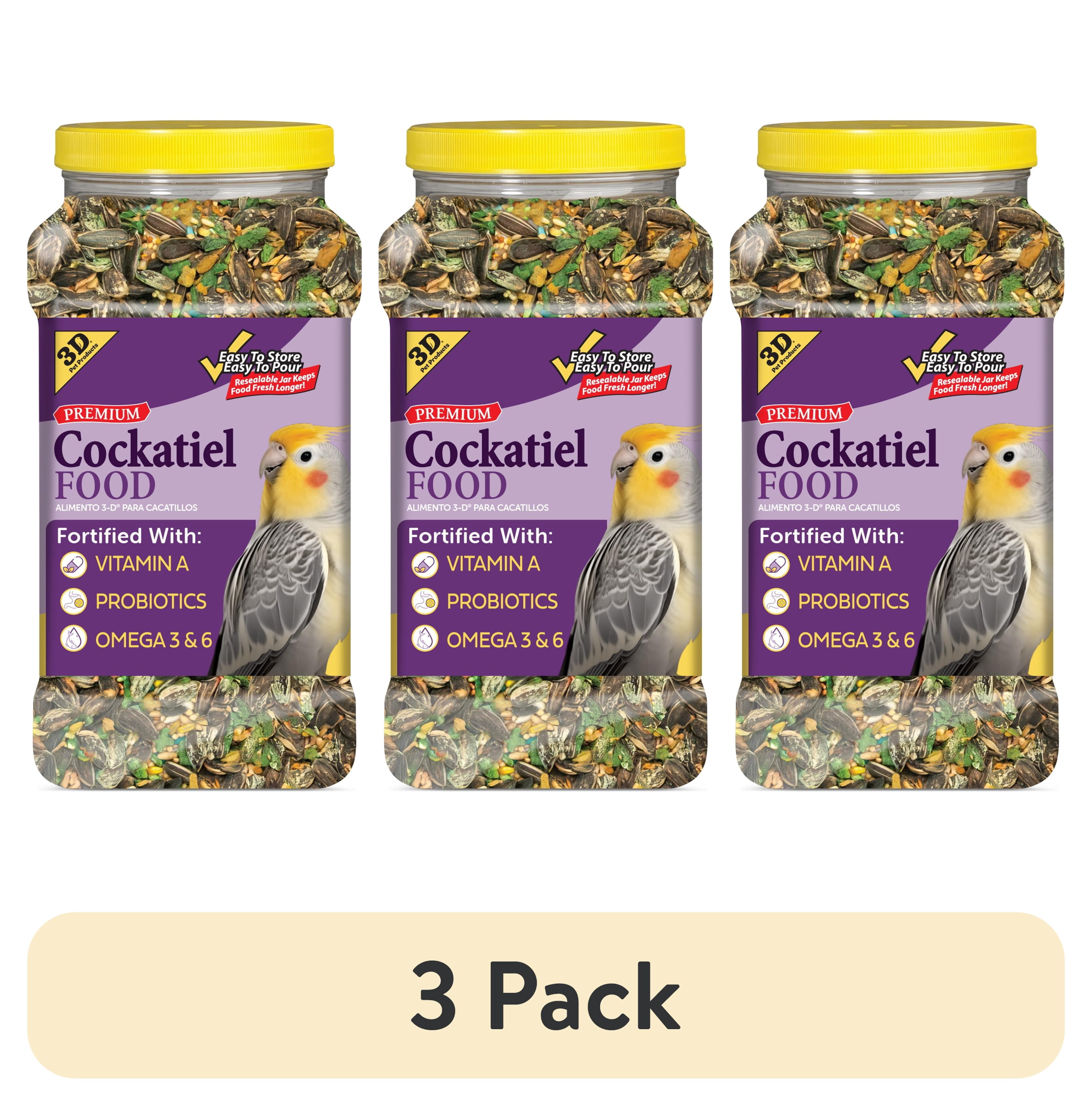 (3 pack) 3-D Pet Products Premium Cockatiel Bird Food Seeds, with Probiotics, 4.5 lb. Stay Fresh Jar