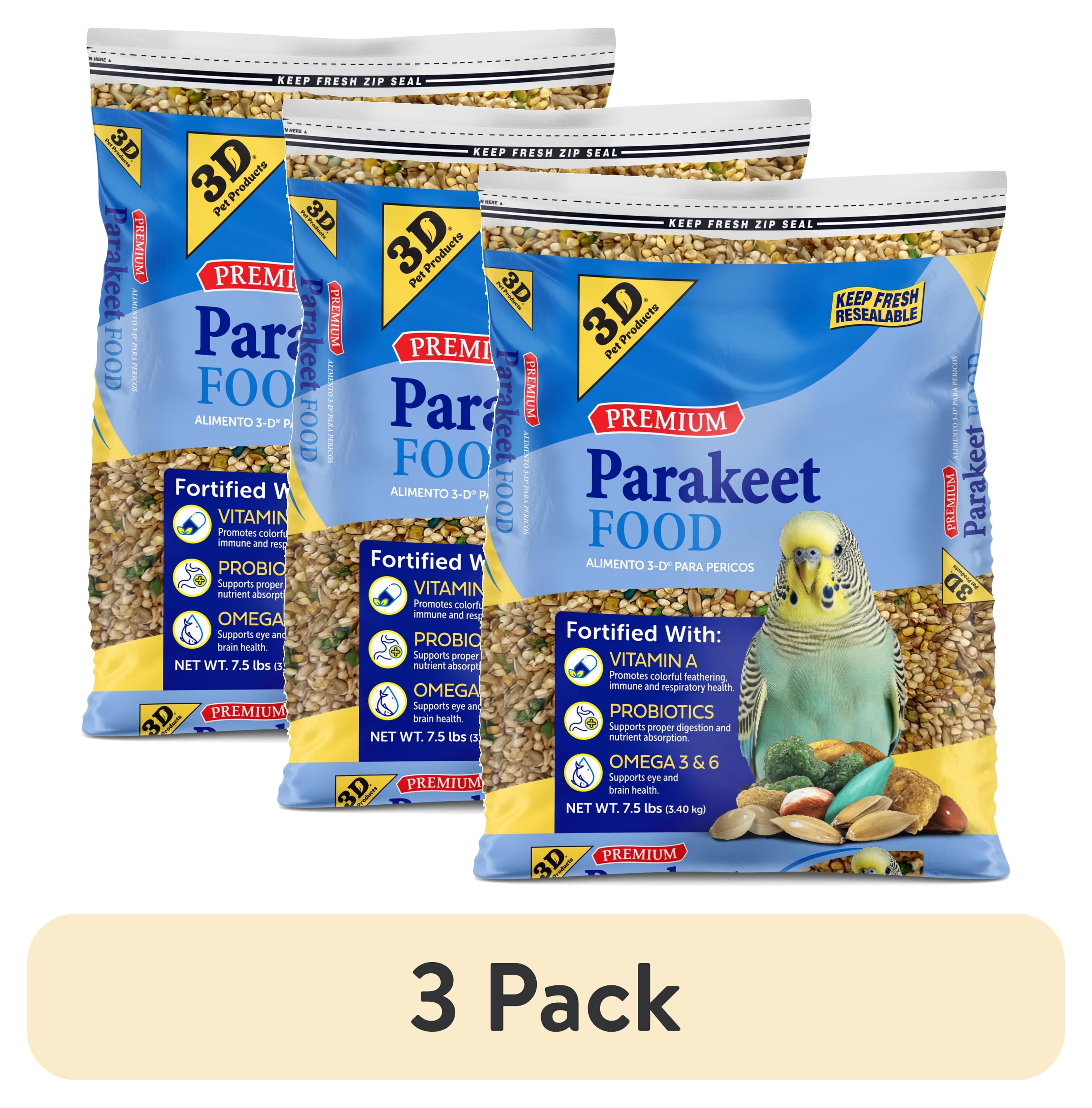 (3 pack) 3-D Pet Products Premium Parakeet Bird Food, with Probiotics, 
7.5 lb. Zipper Seal Bag, for Daily Feeding