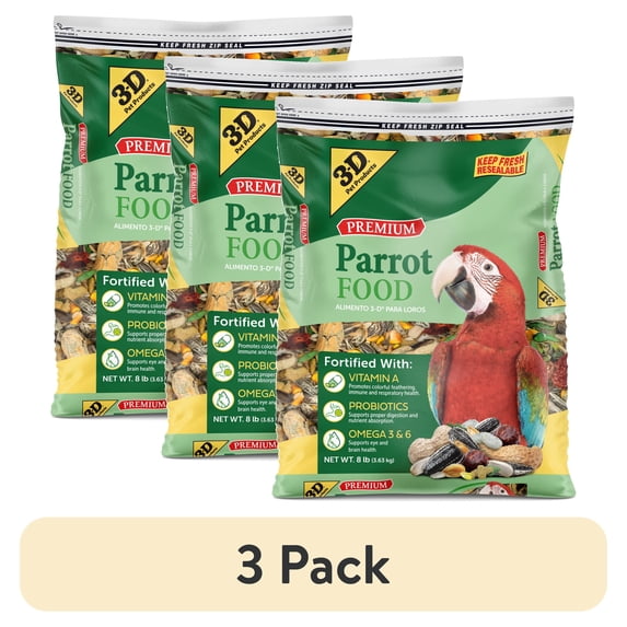 (3 pack) 3-D Pet Products Premium Parrot Bird Food Seeds, with Probiotics, 8 lb. Bag, Dry
