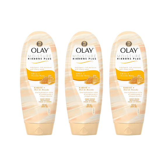 (3 pack) (3 Pack) Olay Moisture Ribbons Plus Body Wash, Shea & Manuka Honey, 18 Oz