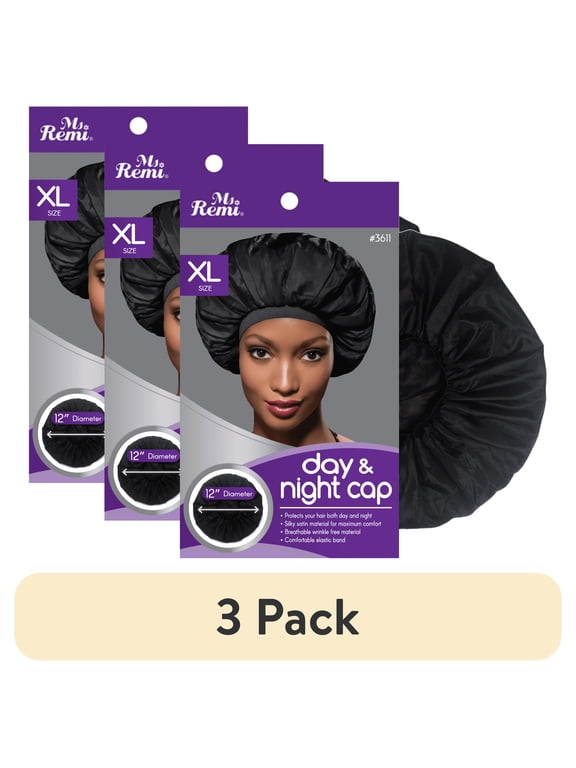 (3 pack) Ms. Remi X-Large Black Satin Hair Bonnet for Day and Night Protection