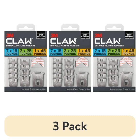 (3 pack) 3M CLAW Drywall Picture Hanger Kit, Variety Pack with Spot Markers, Holds Up To 45 lbs
