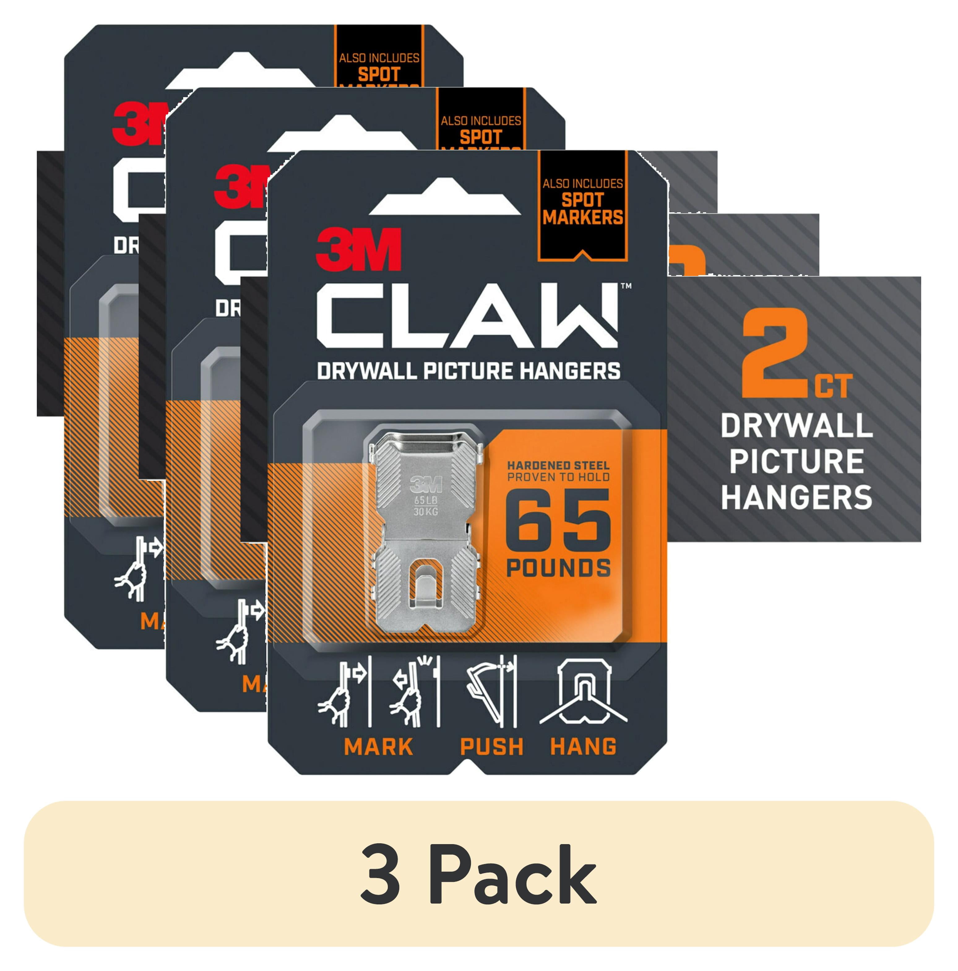 (3 pack) 3M CLAW 65 lb. Drywall Picture Hanger with Spot Marker, Gray, Heavyweight Hanging Solution for Room Decor and Office Decor, Including Mirrors or Large Art, 2 Wall Hangers, 2 Spot Markers