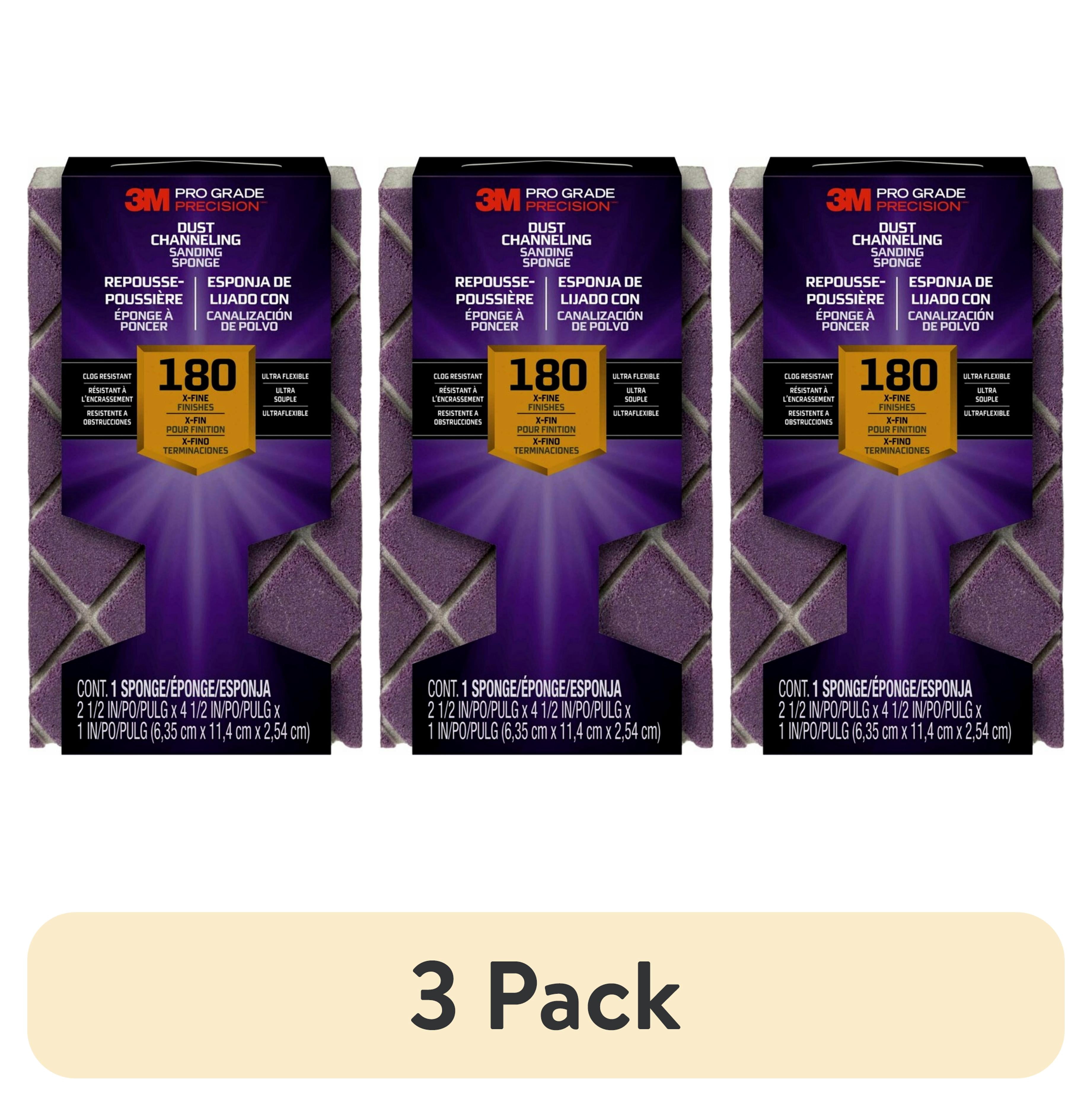 (3 pack) 3M Pro Grade Precision Sanding Block, Dust Channeling, 4.5 in. x 2.5 in. x 1 in., 180 Grit, X-Fine, 1 Sponge